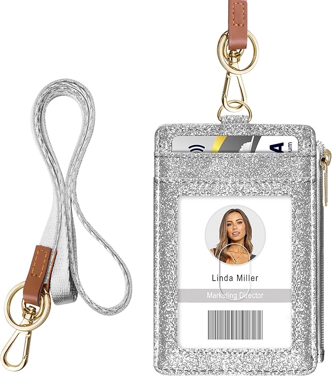 ID Badge Holder with Lanyard, Vertical Bling Shiny ID Badge Card Holder with 1 Clear ID Window, 4 Credit Card Slots, 1 Cash Coin Slot and a Detachable Neck Lanyard (Bling Silver)