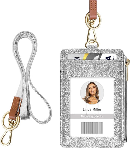 ID Badge Holder with Lanyard, Vertical Bling Shiny ID Badge Card Holder with 1 Clear ID Window, 4 Credit Card Slots, 1 Cash Coin Slot and a Detachable Neck Lanyard (Bling Silver)