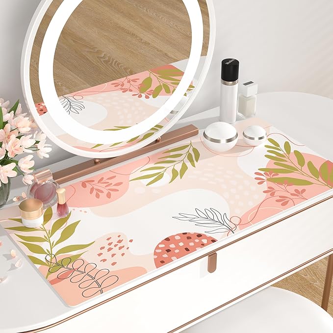 QiyI Large Mouse Pad, Cute Desk Mat for Desktop, Women Girls Minimalist Pink Office Desk Accessories, PU Leather Waterproof Gaming Mousepad, Tropical Leaves Desk Pad Computer Mat, 31.5" x 15.7"