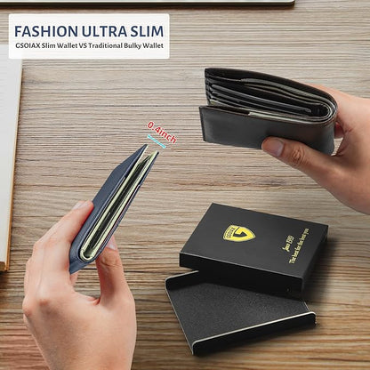 GSOIAX Slim Leather RFID Bifold Wallet for Men Minimalist Front Pocket Wallet with Money Clip,12 Card Slots,ID Window,Cool Groove Design,Includes Gift Box (Dark Blue and Beige)