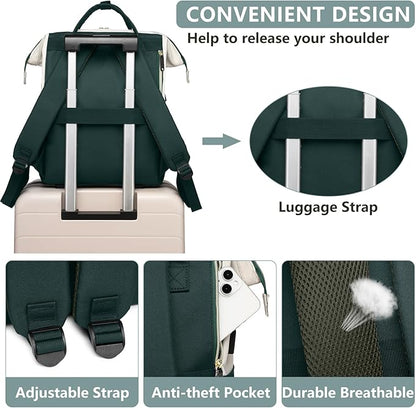 Laptop Backpack Women Work Bag: 15.6 inch Work Bookbag with USB Charging Port Large Travel Backpack Purse for College Nurse Casual Daypack for Teacher Professional Computer Backpack Beige Dark Green