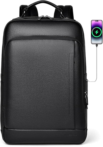 CHAO RAN Laptop Backpack for Men Leather Travel Backpack Carry on Flight Approved-Waterproof Medium Backpack Fit 15.6 Inch Notebook for College Business Office Bag with USB Charging Port (Black20)