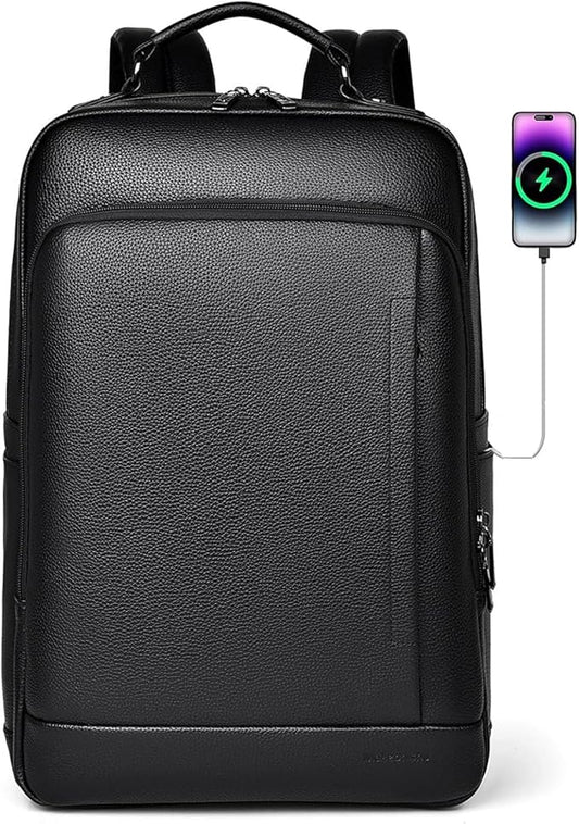 CHAO RAN Laptop Backpack for Men Leather Travel Backpack Carry on Flight Approved-Waterproof Medium Backpack Fit 15.6 Inch Notebook for College Business Office Bag with USB Charging Port (Black20)