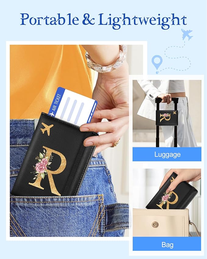Slohif Initial Passport Holder Cover Wallet Case for Travel Women - Leather Letter Passport Book Family Multiple Personalized Organizer Slim Carrier Card Slots Protector Sleeve Essentials Black R