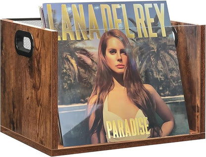 Vinyl Record Storage Crate, Holds up To 60 LPs, Album Visible Storage Box with Acrylic Front, Handle, Wooden Multi-Purpose Organizer for Records, Magazines and Books, for Desktop and Home Office