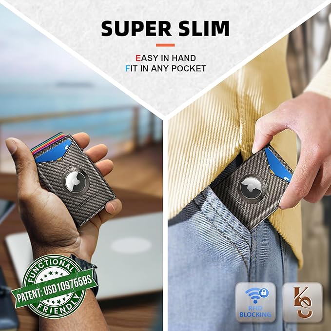 KEMISANT Airtag Wallet Men Gift,Mens Slim Front Pocket Wallet Money Clip Standard or Apple Airtag Use 3.8"×2.8"×0.9"