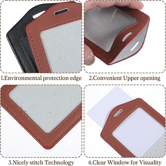 4 Pcs Leather ID Badge Holders, Waterproof Single-Side Clear Card Holders, Vertical Leather Name Badge Holder for Office Staff Students Employees (Black, Brown)