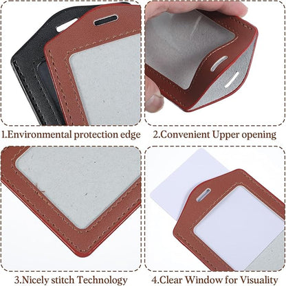 4 Pcs Leather ID Badge Holders, Waterproof Single-Side Clear Card Holders, Vertical Leather Name Badge Holder for Office Staff Students Employees (Black, Brown)