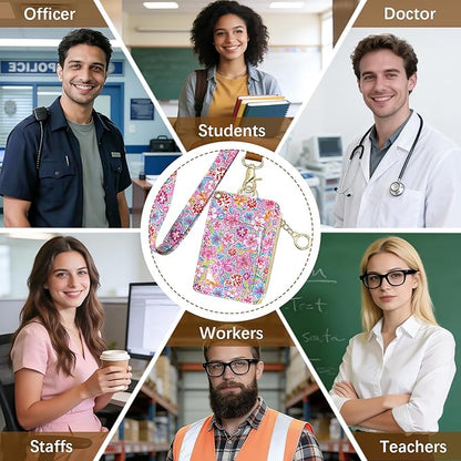 Flower Leather Badge Holder with Zipper Pocket, Beautiful Work Lanyards and 1 Zip Pocket and 4 Card Slots, Breakaway Lanyards with Metal Clasp for Offices, Staff, Adult, Employees
