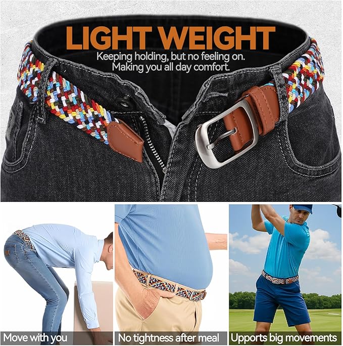 XZQTIVE Braided Belt Stretch Belt for Men and Women Multicolored Woven Golf Belt Elastic Jean Belts