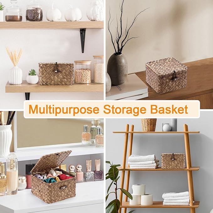 Hipiwe Seagrass Basket with Lid Wicker Storage Basket Square Handwoven Decorative Baskets Box for Shelf Multipurpose Household Baskets Home Decor,X-small