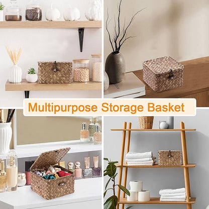 Hipiwe Seagrass Basket with Lid Wicker Storage Basket Square Handwoven Decorative Baskets Box for Shelf Multipurpose Household Baskets Home Decor,X-small