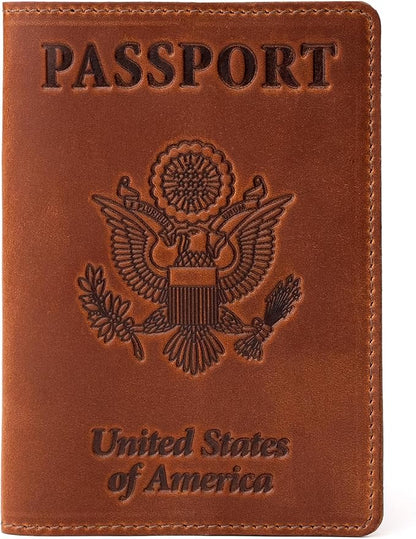 Shvigel US Leather Passport Book Cover - Thin American Travel Passport Holder - Premium International USA Passport Protector Case for Women Men (Light Brown Vintage)
