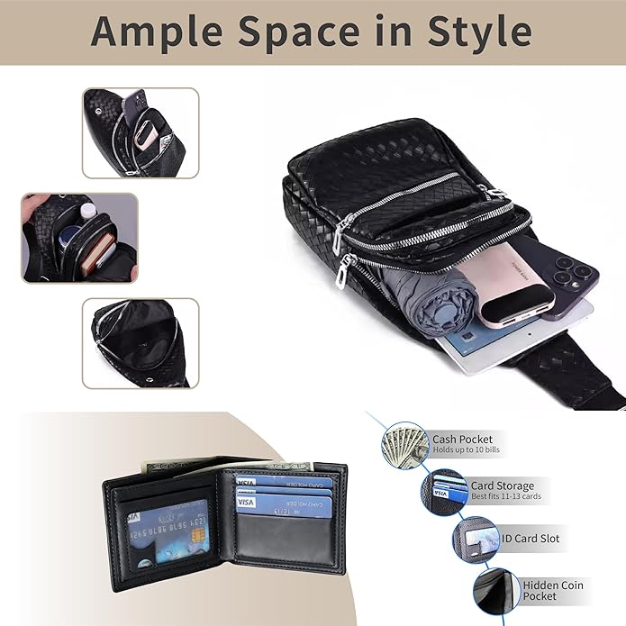 Sling Bag Set, PU Leather Sling Bag, Multi-Zipper Design for Travel, Outdoors, Valentine’s Day Gifts