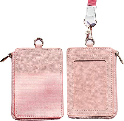 2-in-1 ID Badge Holder & Elastic Card Holder Wallet,Minimalist Men & Women Zip Card Holder Wallet with Neck Lanyard,3 Card Slots and 1 Side Zipper Pocket (Pink-A)