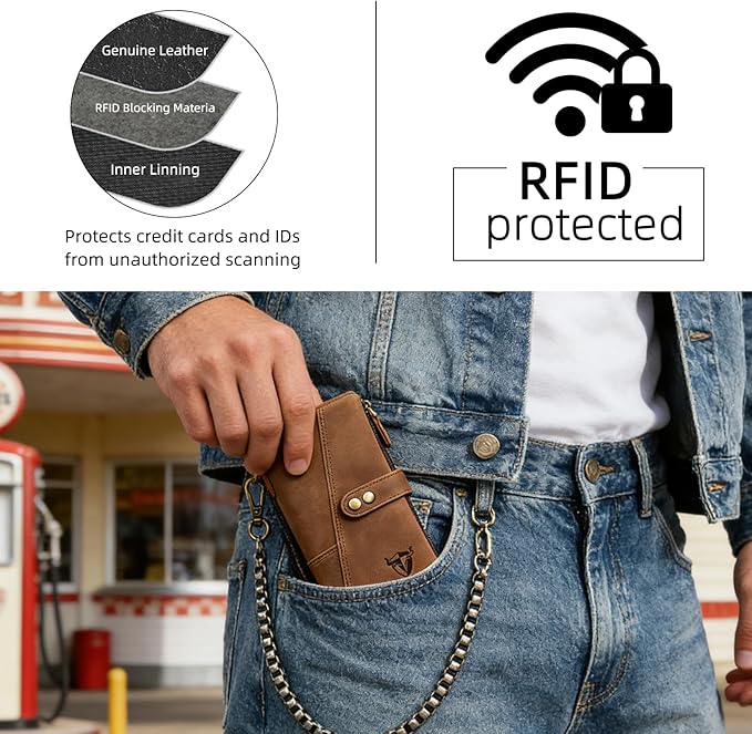 Genuine Crazy Horse Leather Travel Gift Coin Pocket Card Case Long Organizer Chain Rfid Wallet Purse With Snap For Men Male 1803 1815 (1803 Brown 26b)