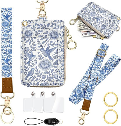 Lanyard Wallet, PU Leather Lanyards for ID Badges, RFID Blocking, ID Badge Holder with Zipper Pocket Detachable Phone Lanyard Keychain Wristlet for Office School Business-Bird