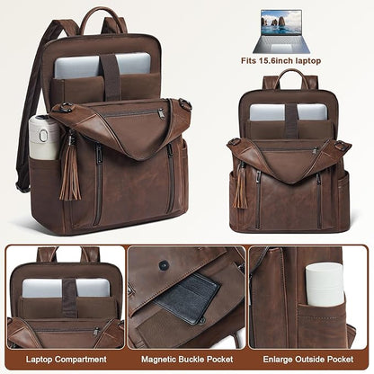 Shrrie Laptop Backpack for Women 15.6 inch,Travel Leather Backpack Purse Nurse Teacher Carry on Backpack Computer Bag,Professional Water-Resistant College Business Work Casual Daypack,Brown
