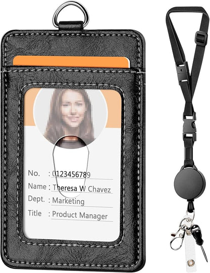 Leather Badge Holder and Adjustable Retractable Lanyards, Quick Release Buckle and Safety Breakaway Lanyards with Swivel Metal Clasp for Offices, Staff, Students, Employees