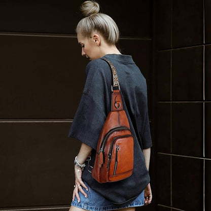 HESHE Leather Sling Bag for Women Crossbody Bags with Multi-Pocket Stylish Fanny Packs for Travel Chest Bag