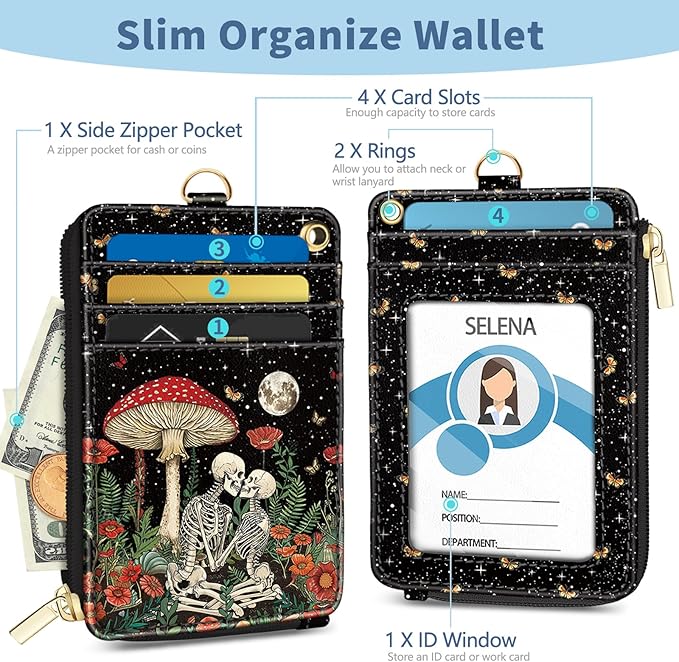 Lanyard Wallet with Id Badge Holder, Mushroom Skull RFID Small Keychain Wallet Women Wristlet, Funny Zipper Credit Card Holder Phone Wrist Neck Strap for Key Name Tag, Teacher Student Office