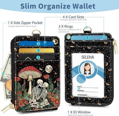 Lanyard Wallet with Id Badge Holder, Mushroom Skull RFID Small Keychain Wallet Women Wristlet, Funny Zipper Credit Card Holder Phone Wrist Neck Strap for Key Name Tag, Teacher Student Office