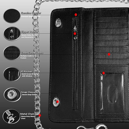 IBRO VINTAGE Motorcycle Chain Wallet for Men – Premium Cowhide Leather, RFID Tri-Fold Biker Wallet with Heavy Duty Chain for Bikers Truckers & Hunters, Credit Card Money Organizer Long Wallet | Long Trifold, RFID Blocking, Men's, Trucker Biker