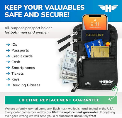 HERO Neck Wallet - RFID Blocking Passport Holder, Easy to Conceal Travel Pouch (Black)
