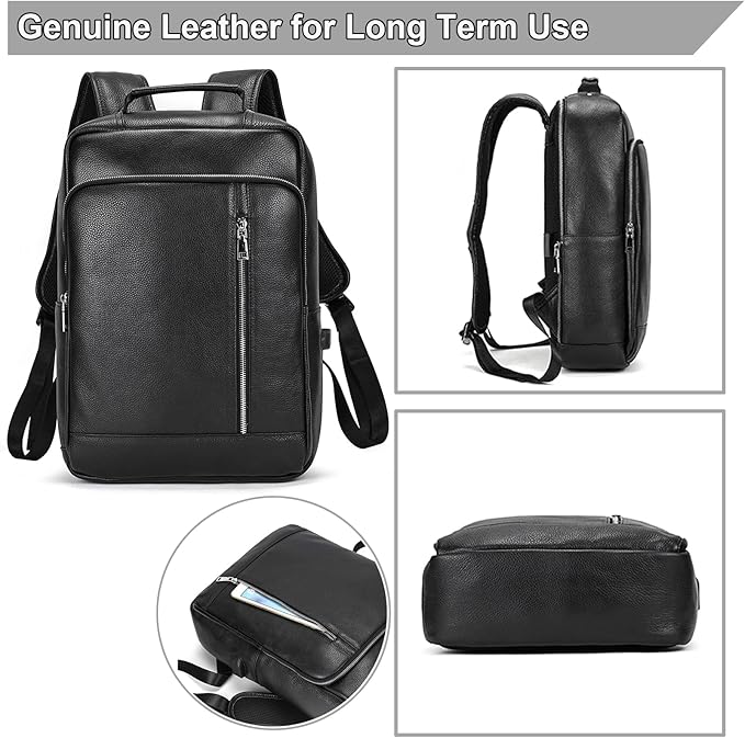 Genuine Leather 15.6 Inch Laptop Backpack for Men, Multi Pocket Slim Daypack Shoulder Bag with Trolley Sleeve for Business Travel (Black)