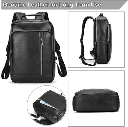 Genuine Leather 15.6 Inch Laptop Backpack for Men, Multi Pocket Slim Daypack Shoulder Bag with Trolley Sleeve for Business Travel (Black)