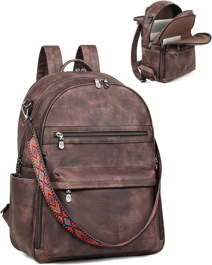 FADEON 15.6 inch Laptop Backpack Purse for Women Designer PU Leather Computer Backpacks Fashion for Work Travel Coffee Brown