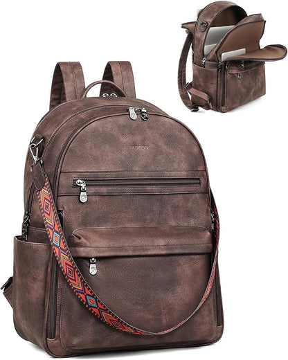 FADEON 15.6 inch Laptop Backpack Purse for Women Designer PU Leather Computer Backpacks Fashion for Work Travel Coffee Brown