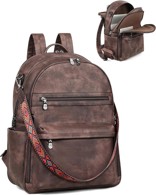 FADEON 15.6 inch Laptop Backpack Purse for Women Designer PU Leather Computer Backpacks Fashion for Work Travel Coffee Brown