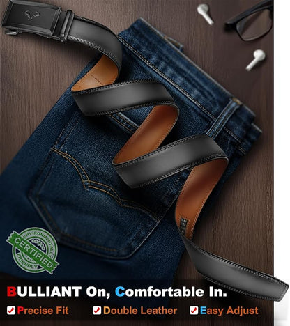 BULLIANT Men Belt,Ratchet Leather Belt Click Adjustable for Men Jeans Dress Casual 1 3/8-Cut to Fit