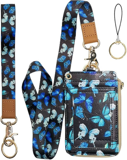 bolimoss Butterfly Badge Holder with Zipper Pocket, Cute Women Lanyard for ID Badge,Pu Leather ID Badge Holder with Wristle Lanyard Keychain for Teacher,Student, Worker,Nurer