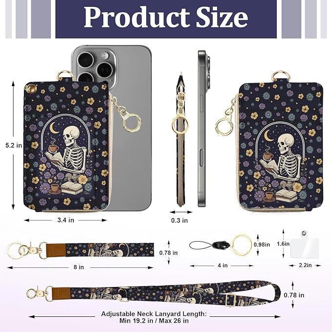 Gothic Lanyard Wallet for Id Badges, Funny Skull Card Holder with Neck Lanyard Wristlet, RFID PU Leather ID Case with Adjustable Lanyard Keychain for Women Teacher Student Nurse Work Office