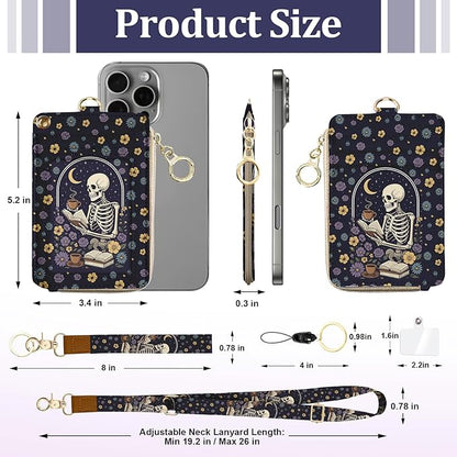 Gothic Lanyard Wallet for Id Badges, Funny Skull Card Holder with Neck Lanyard Wristlet, RFID PU Leather ID Case with Adjustable Lanyard Keychain for Women Teacher Student Nurse Work Office