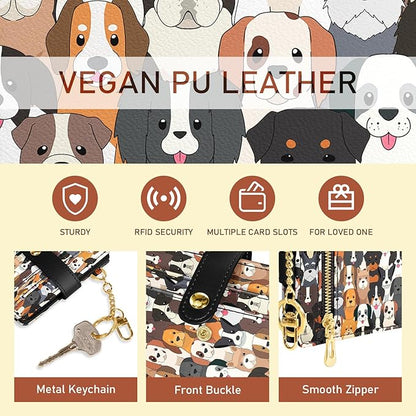 Jogjam Dogs Rfid Women Wallet, Small Slim Thin Credit Card Wallet, PU Leather Bifold Cash Zipper Coin Pocket ID Window for Female Ladies Teen Girls Girly