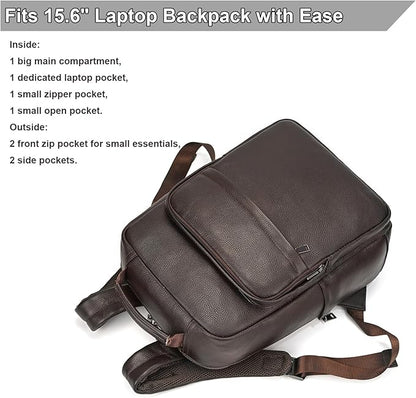 Durable Genuine Leather Backpack - 15.6 Inch Laptop Bag for Business Commute & Travel, Large Capacity Multi-Pocket Backpack for Men/Women, Coffee
