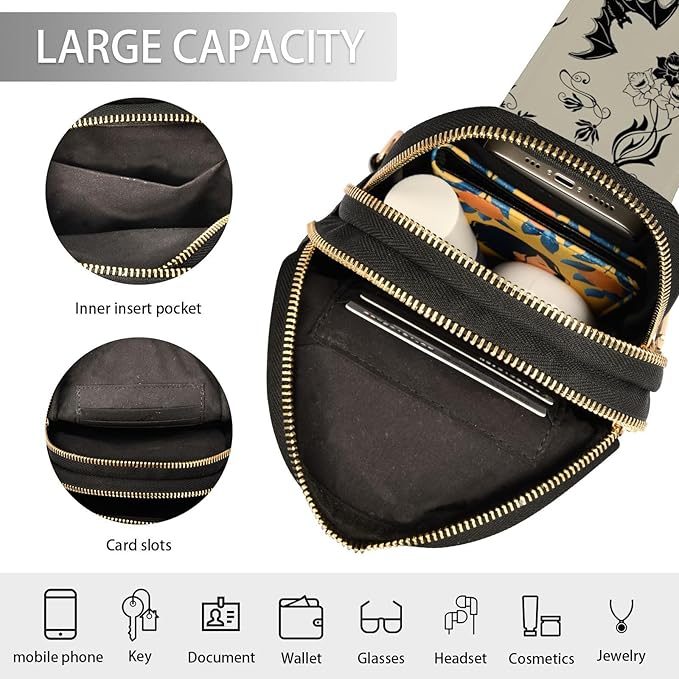 ZAZYXTJ Goth Bat Crossbody Sling Bag for Women Leather Small Chest Bag Adjustable Straps Daypack for Travel Sport Hiking