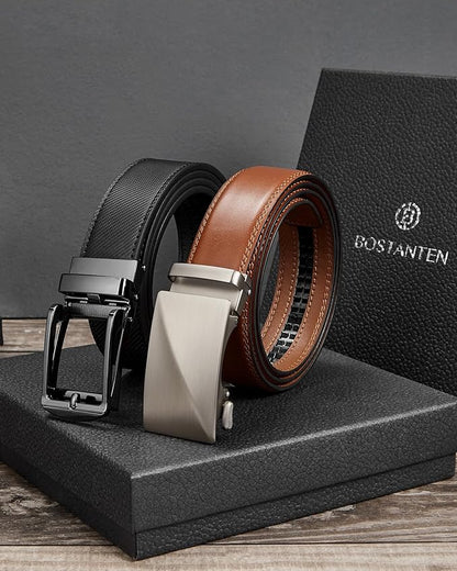 BOSTANTEN Ratchet Leather Belt For Men 2 Pack Dress and Casual with Adjustable Buckle, Trim to Fit