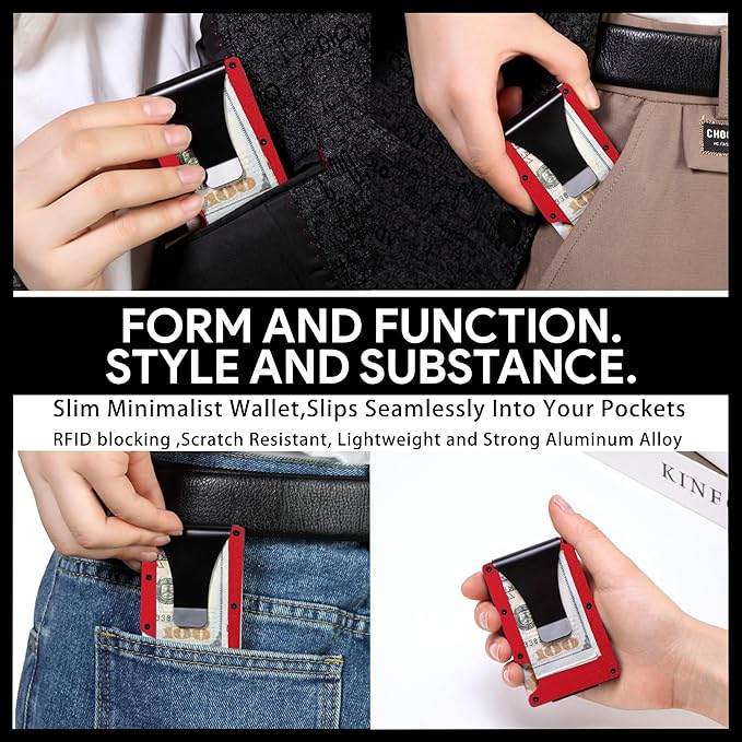 Minimalist Slim Wallet for Men,RFID Blocking Metal Wallet,Aluminum Credit Card Holder & Money Clip 12-15 Cards,Slim Rfid Front Pocket Mens Wallet,Matt Red