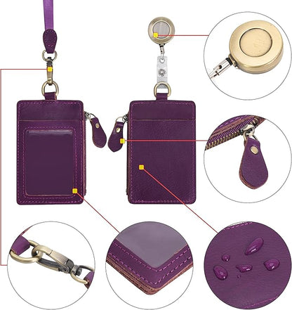 Wonderpool Leather ID Badge Holder with Zipper Wallet Pouch - Card Slots Case Detachable Neck Lanyard and Retractable Badge Reel for Office School Hospital Exhibition ID (Purple)