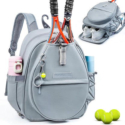 Tennis Backpack with 2 Rackets Holder, Water-Resistant PU Leather Tennis Racket Bag for Women & Men, Sling Crossbody Sports Backpack for Tennis, Pickleball & Badminton, Tennis Gifts