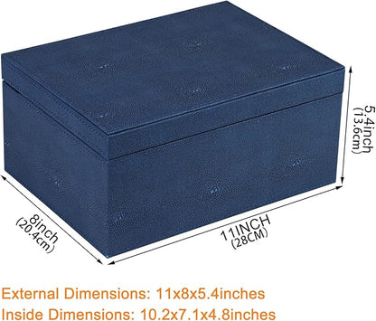 HofferRuffer Faux Leather Decorative Box, Large Wooden Structure Keepsake Box Accessory Organizer Jewelry Organizer with Hinged Lid, Storage Container for Home or Office (NavyBlue Shagreen)