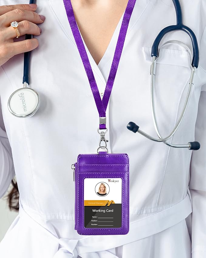 Teskyer Badge Holder with Side Zip Pocket, Multiple Card Slots Leather ID Holder Wallet with Neck Lanyard for Office Staffs, Teachers/Students, Couriers, Workers, Purple