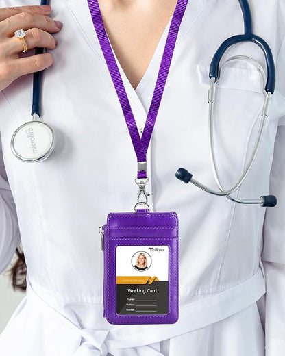 Teskyer Badge Holder with Side Zip Pocket, Multiple Card Slots Leather ID Holder Wallet with Neck Lanyard for Office Staffs, Teachers/Students, Couriers, Workers, Purple