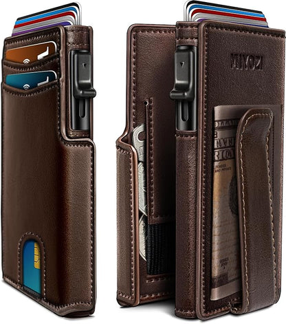 miyozi Wallet for Men, Magnetic Minimalist Slim Wallet with Pop Up Card Holder, 9 Cards RFID Blocking Metal Credit Card Case, Leather Wrapped Money Clip, ID Window & Small Item Slot, Gift Boxed