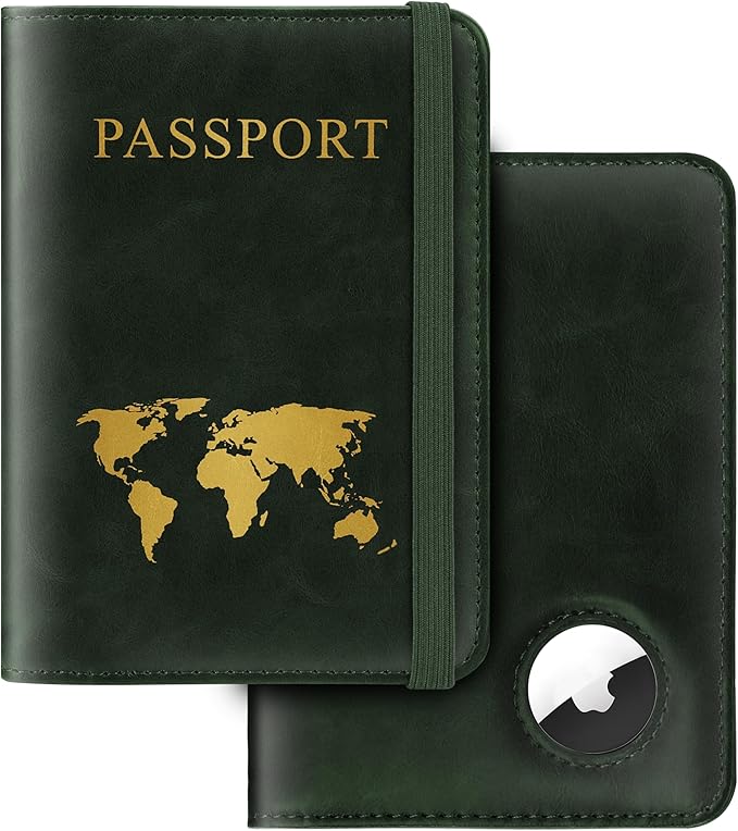 Passport Holder for Travel Women Men - Passport Cover Wallet with Airtag Slot - RFID Blocking PU Leather Passport Holder Case with Card Holder, Pen Slot - Green