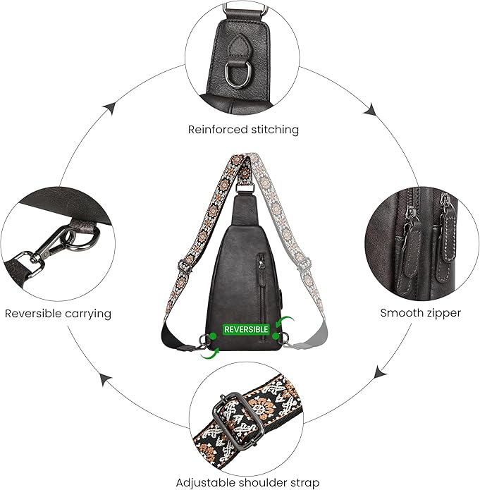 HESHE Leather Sling Bag for Women Crossbody Bags with Multi-Pocket Stylish Fanny Packs for Travel Chest Bag